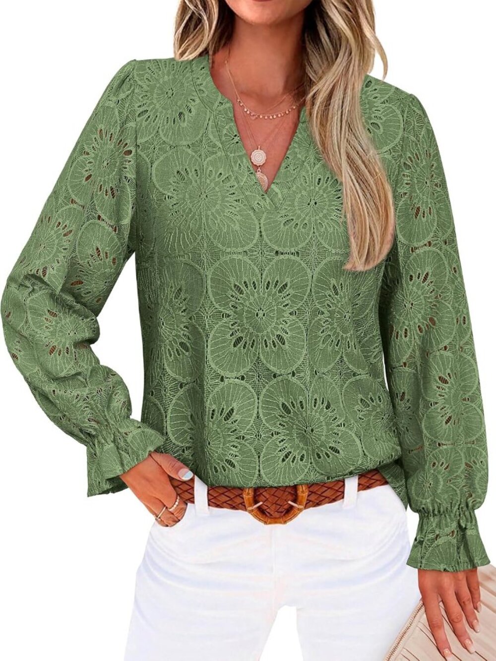 Womens Blouses V Neck Eyelet Lace Tops with Lining 2026 Fall Fashion